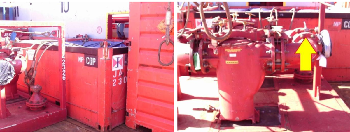 IMCA SF 18/19: Near miss: Two dropped objects (MSF) Image 5 the lifted load came into contact with an adjacent lifted load on the same vessel; a part weighing 3kg detached from the load and fell to the deck