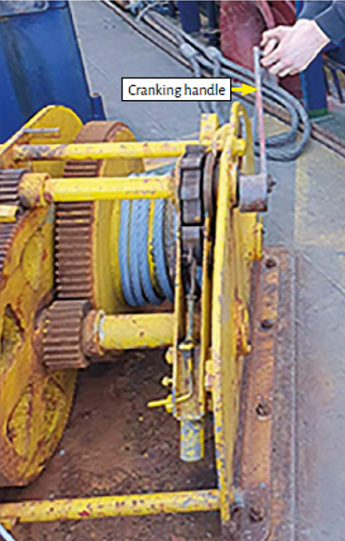 Crew member injured by rotating crank handle