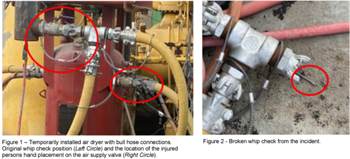 The worker was refilling the sand pot with an abrasive material to continue sandblasting operations. After confirming the air supply valve from the temporary air dryer to the sand pot was shut-in, the worker attempted to disconnect the air supply valve (Figure 1 – Right Circle) from the air dryer. 