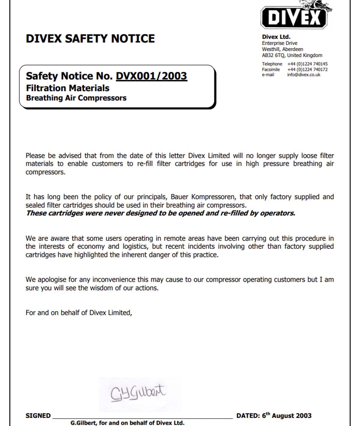 IMCA SF Filtration Materials Divex safety notice