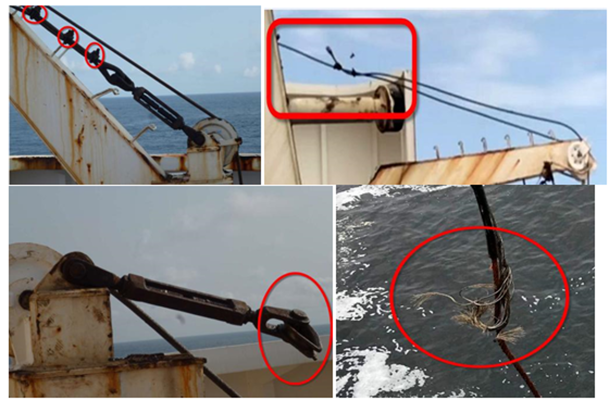 SF 03/21: Lifeboat wire rope failure During a five-yearly 110% load test of a lifeboat, taking place under third party supervision, the forward fall wire failed, resulting in the lifeboat falling and flipping upside down landing in the water below.