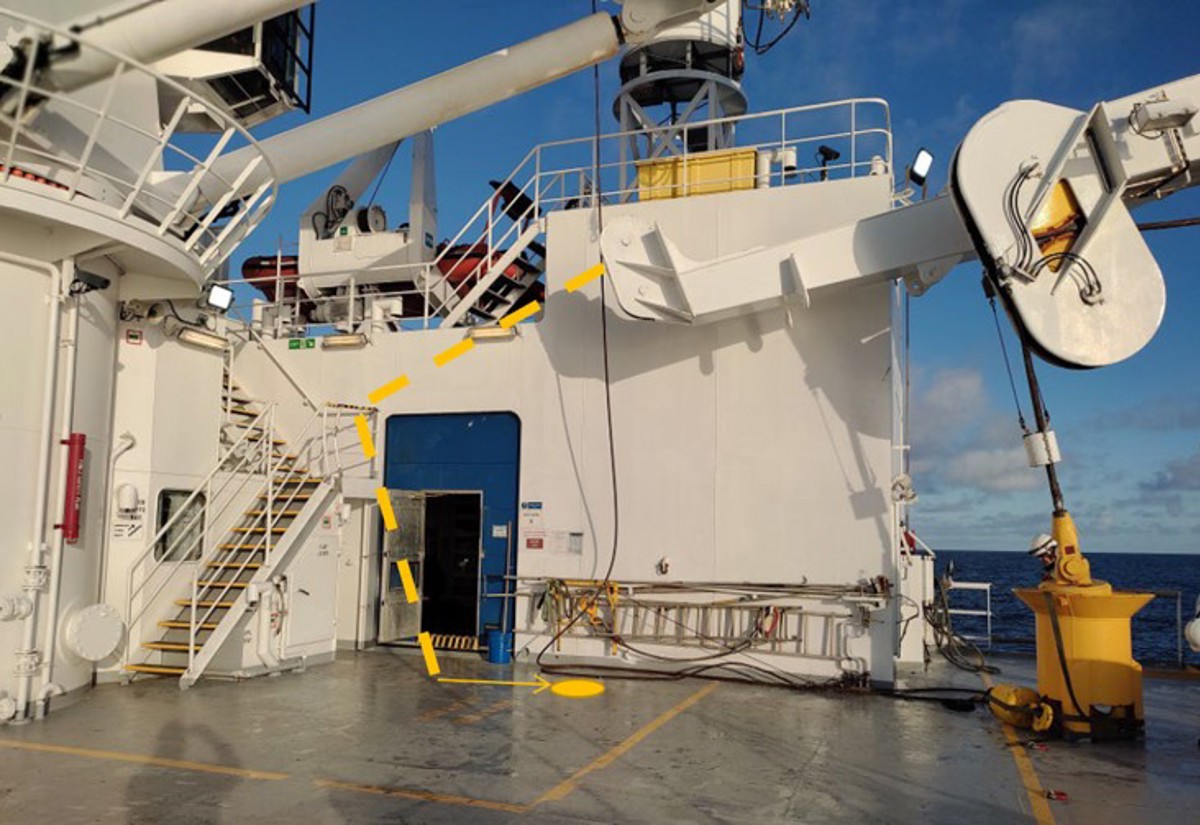 Starting up, a vessel main crane began behaving uncontrollably in a potentially hazardous way. Block & hook were hoisted up to the  sheave, when the auxiliary wire parted due to the forces applied. The block  and hook were ejected forward until they hit a stair railing, approx. 4m forward  of the sheave. Then the block  and hook fell approx. 3m to deck, and bounced before coming to rest. 6 people were involved in the operation and found to have been at high risk had conditions been slightly different.