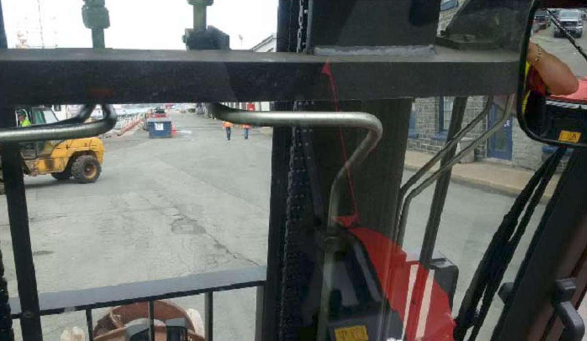 showing driver's view from inside cab - blind spot