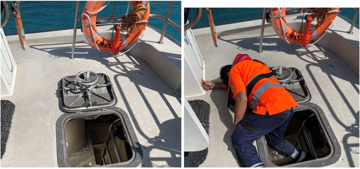 Reconstruction of incident, showing crew member after stumbling into open hatchway, suffering three broken ribs
