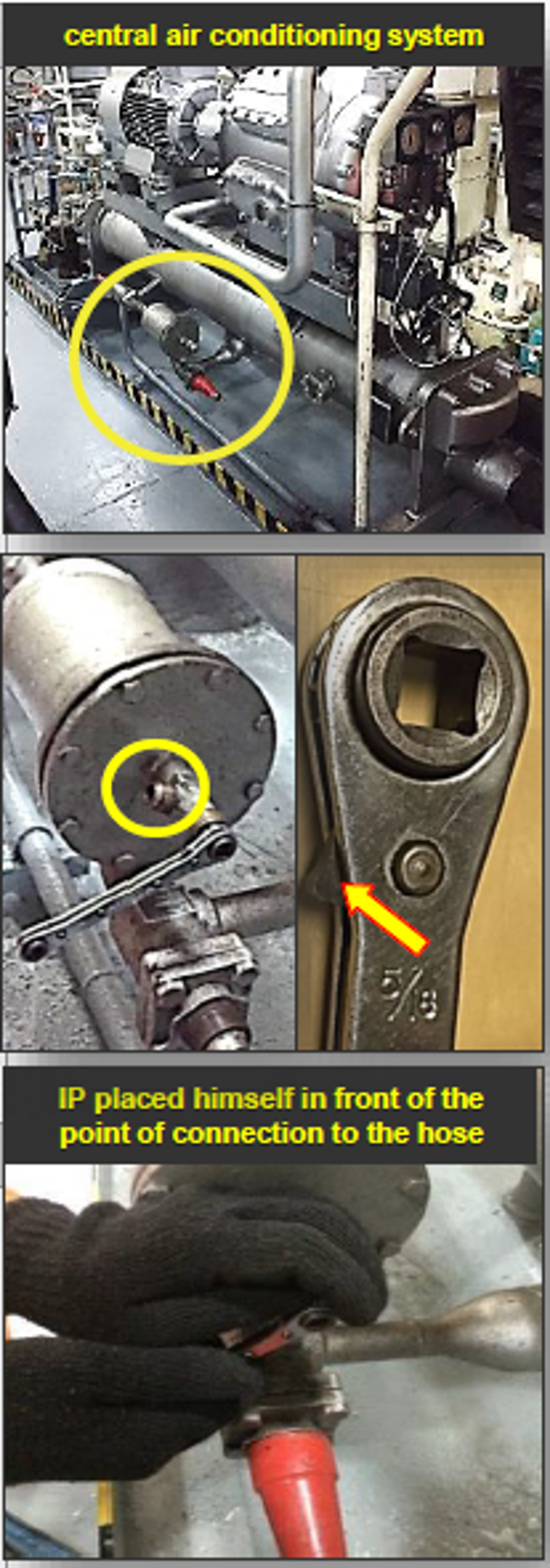 IP placed himself in front of the point of connection to the hose