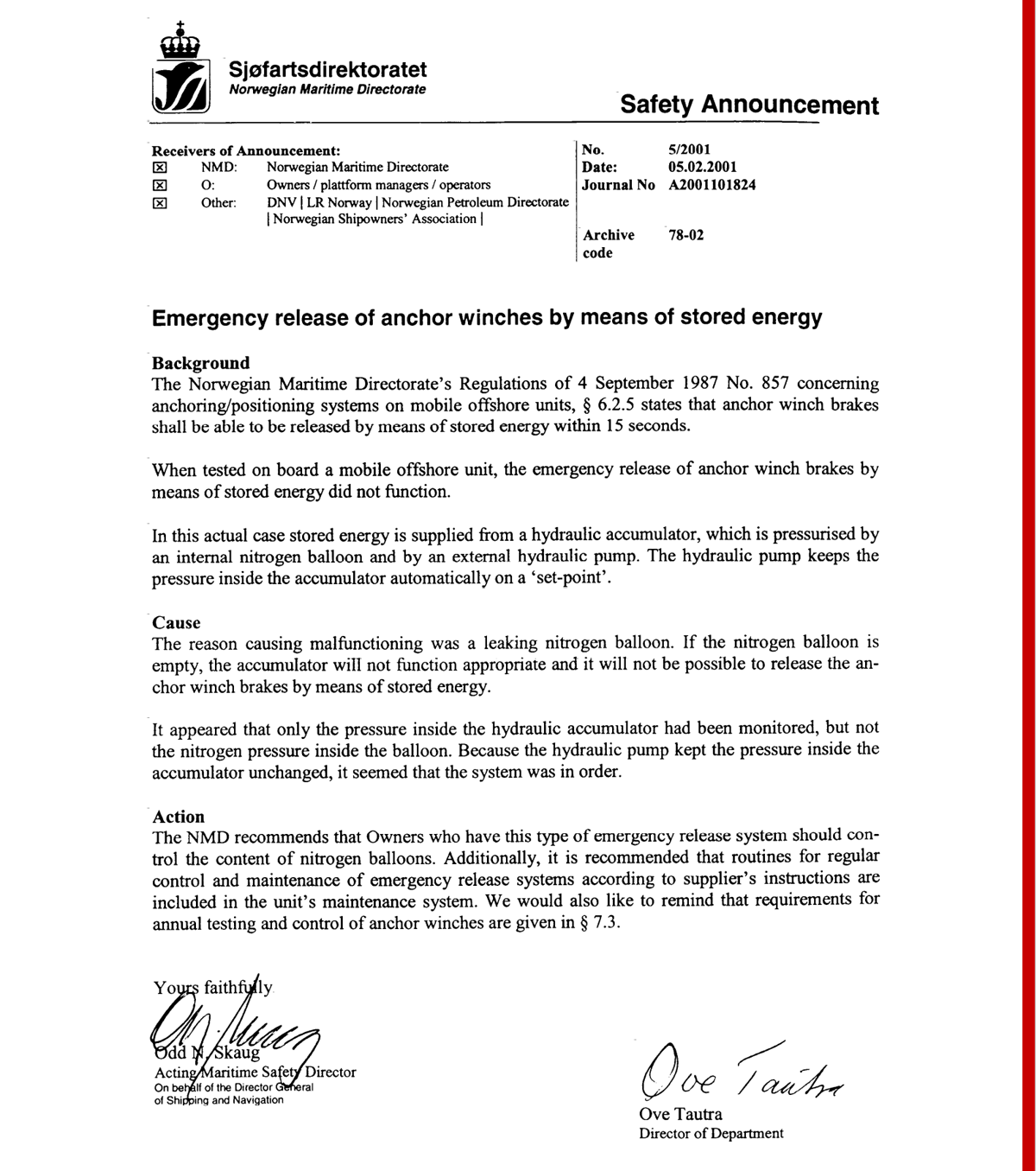 Sf 0301 Emergency Release Of Anchor Winches By Means Of Stored Energy (1) Sf 0301 Emergency Release Of Anchor Winches By Means Of Stored Energy (1)