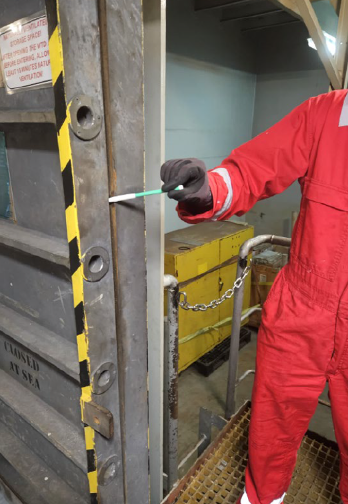 Crew member trapped finger in watertight sliding door The incident occurred when engine crew were heading to a storage area for an inventory check. Passing through a power-operated watertight sliding door, a team member pushed the “open” button, and at the same time the vessel rolled with the swell. The injured person lost balance and reached out for support. He caught the sliding door while opening and trapped his middle right finger between the door and the bulkhead resulting in a serious injury.