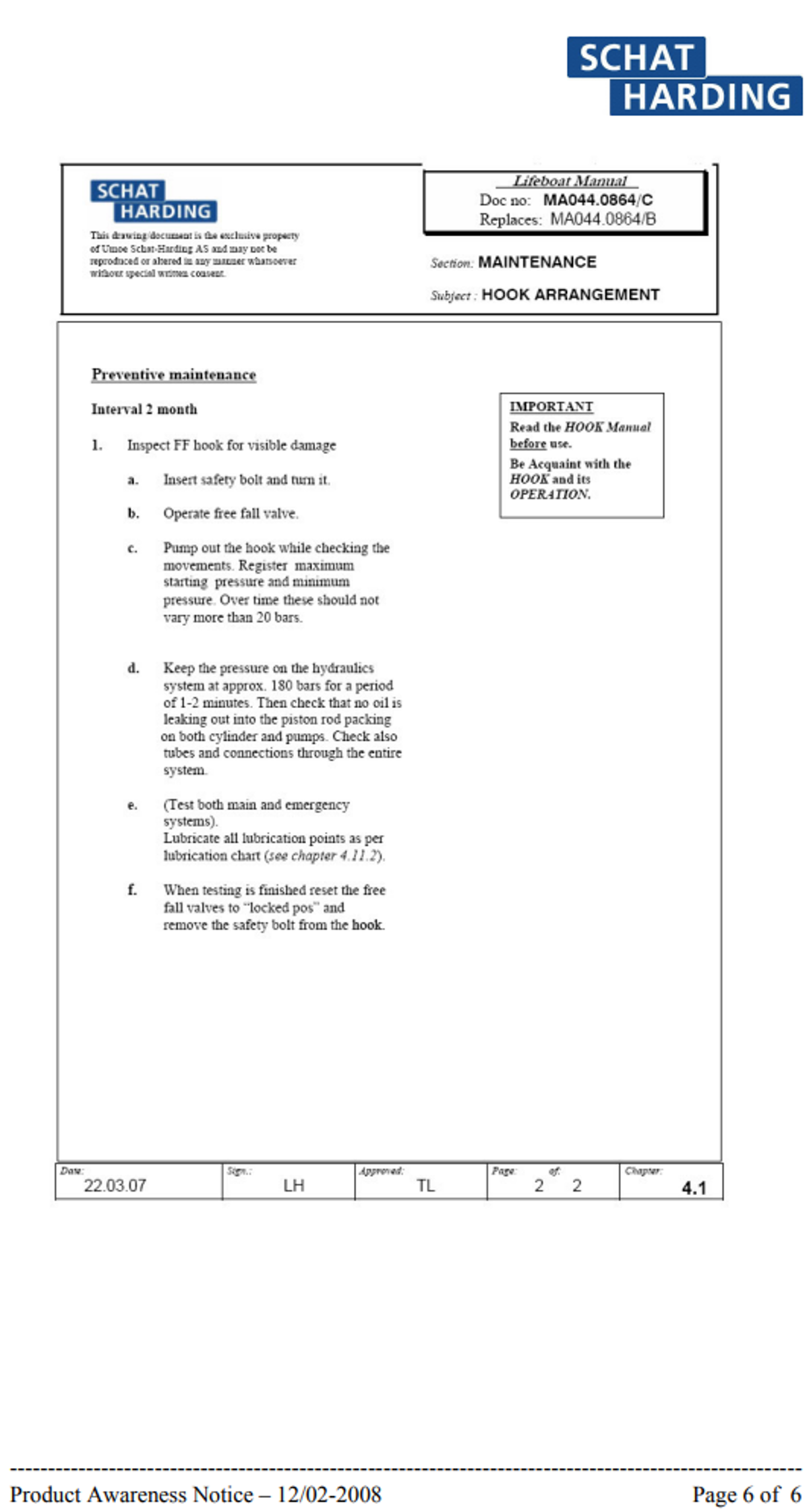 Schat Harding Product Awareness Notice – Free-fall lifeboat hooks page 6 of 6