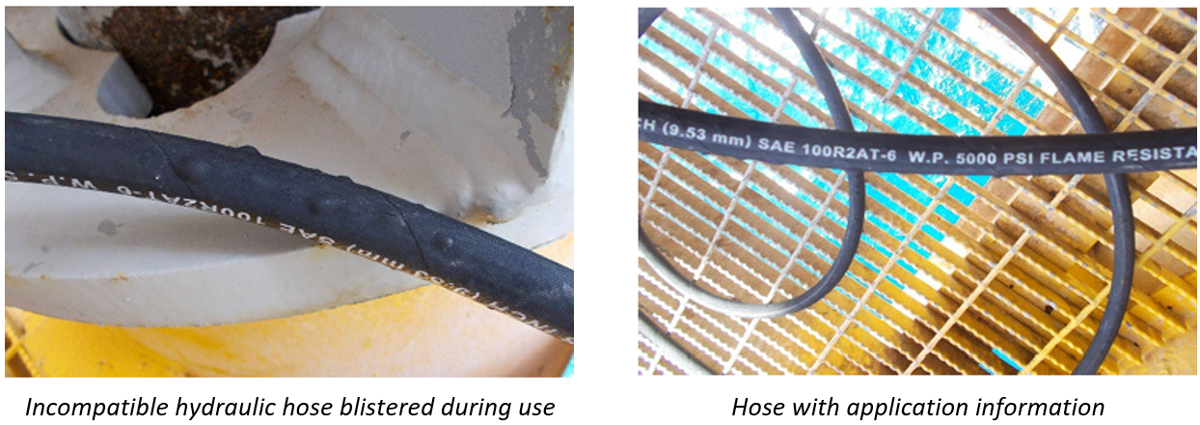 incompatible hydraulic hose blistered during use; hose with application information