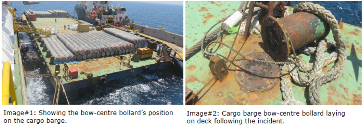 IMCA SF 03/19: Corrosion: Failure of bolts on a cargo barge bollard 03193 1 Upon inspection, it was found that the bollard was in very poor condition and that all of the securing bolts were corroded, to the extent that they were not connecting the bollard to the deck of the barge