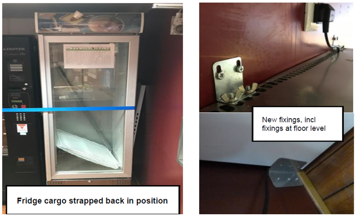 The fridge was secured to the deck with cargo straps and later returned to the upright position, inspected by the ships electrician and secured to the bulkhead with alternative suitable fixings. The fridge was secured to the deck with cargo straps and later returned to the upright position, inspected by the ships electrician and secured to the bulkhead with alternative suitable fixings.