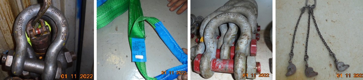 Some equipment was colour coded by the crew and deemed  as being in good condition; other equipment was not included in the vessel lifting gear register, nor was it colour  coded. Further investigation revealed that lifting equipment had been left onboard and not removed after the end  of the previous project, on which client-supplied lifting equipment was used. 