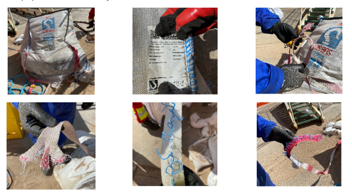 36 sand bags weighing 900 kg being lifted in a Flexible Intermediate Bulk Container fell 3-5 m to the deck when the FIBC handle and stitching ripped