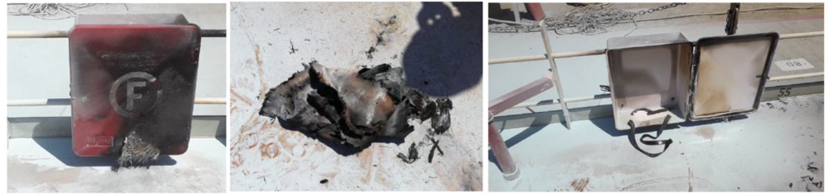IMCA SF 25/19: Near Miss: Fire blanket caught fire during third-party hot work 254 1024X241 A fire blanket on the midships fire hose box caught fire after a third-party team (hired to remove sea-fastenings) had left the job to have lunch after cleaning the grillages on deck