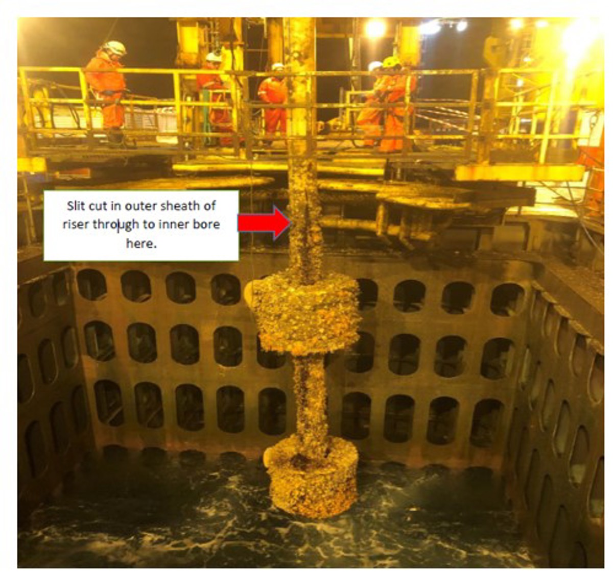 During recovery of a 10” oil production riser at an FPSO, gas in the riser bore ignited and a smoke cloud was seen on deck in the vicinity of the shear cutter