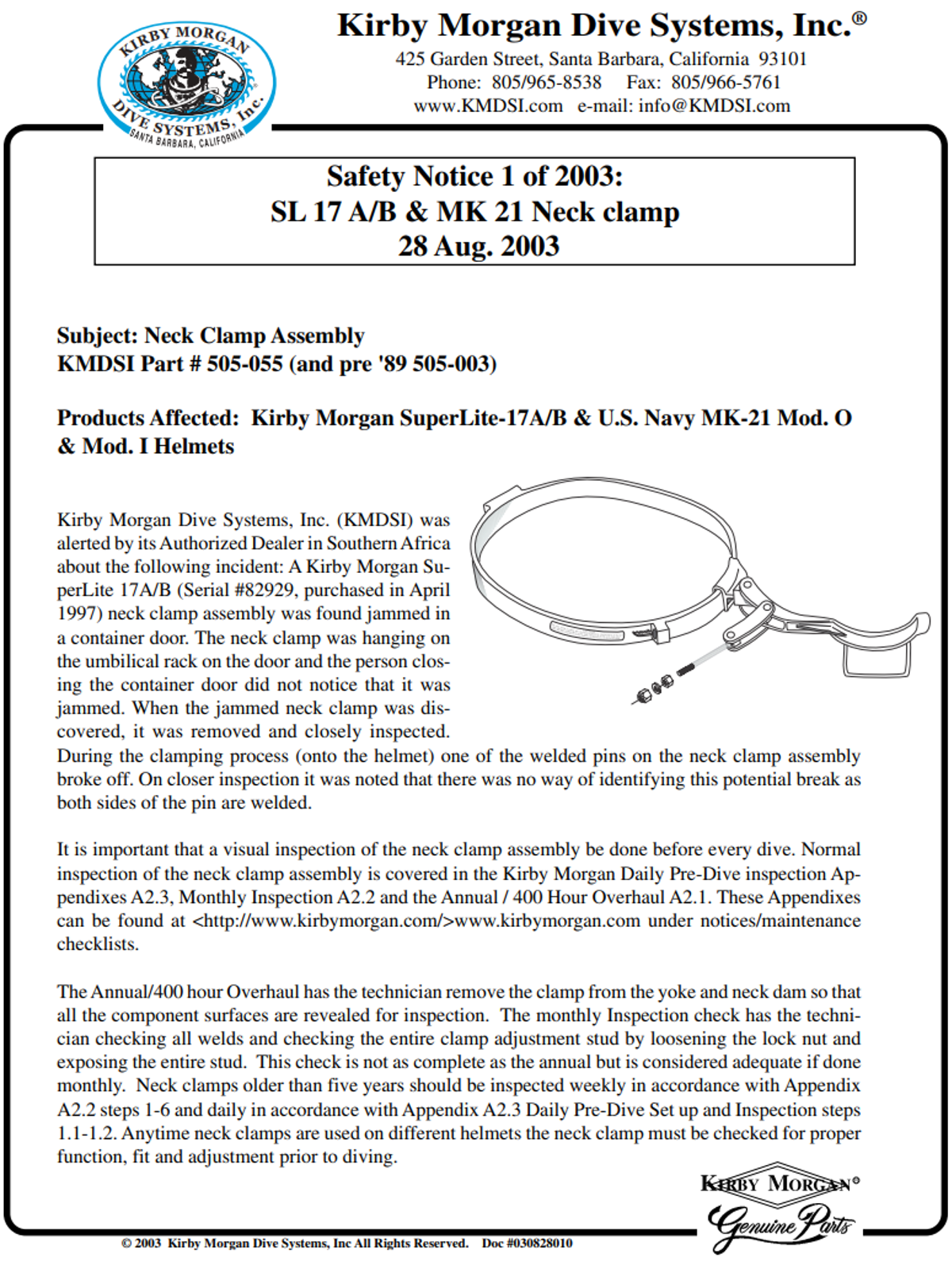 IMCA SF: Weld failure on Kirby Morgan KM17B 505-055 neck clamp Safety Flash 06 07 4 Safety Notice 1 of 2003 p1