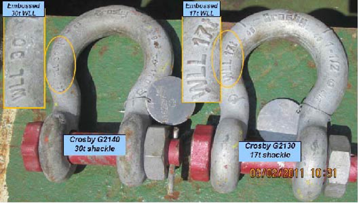 IMCA SF: Shackles in rigging assembly below required safe working load (SWL) Imcasf07 11 Image2 different shackles with working load limits embossed