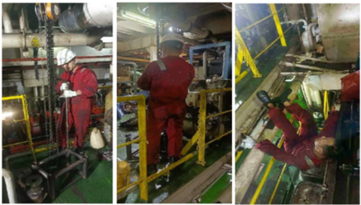 IMCA SF: Person fell in engine room and injured head Photo of re-enactment of an injury caused by a fall.