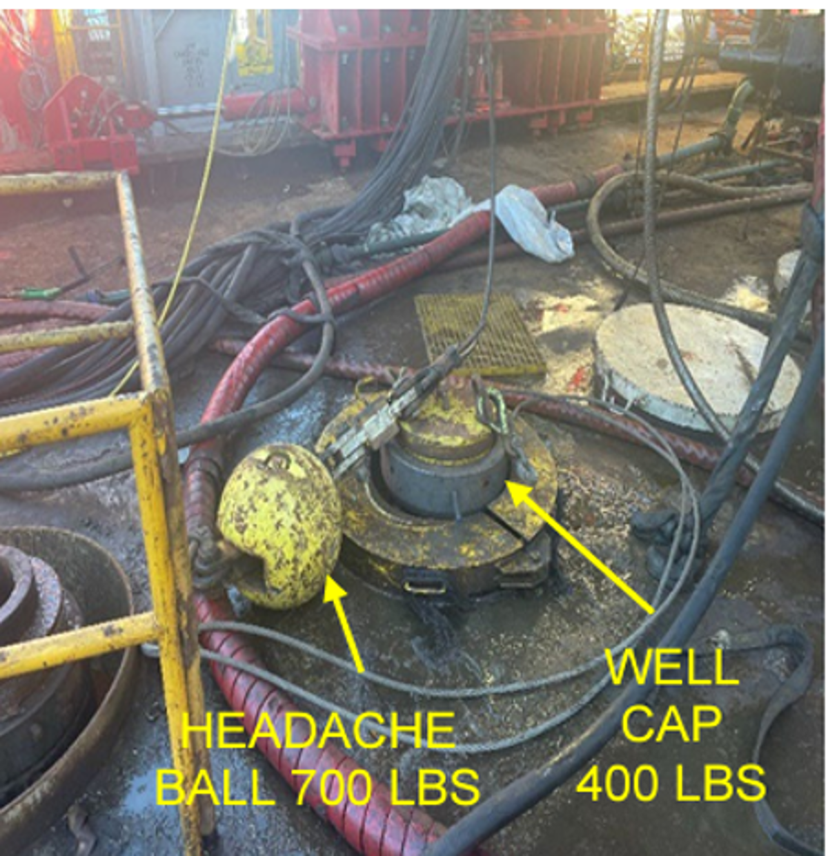While conducting  crane operations during decommissioning/well abandonment, a 350kg crane “headache  ball” fell 8m to deck and landed less than 60cm from one of the riggers. 
