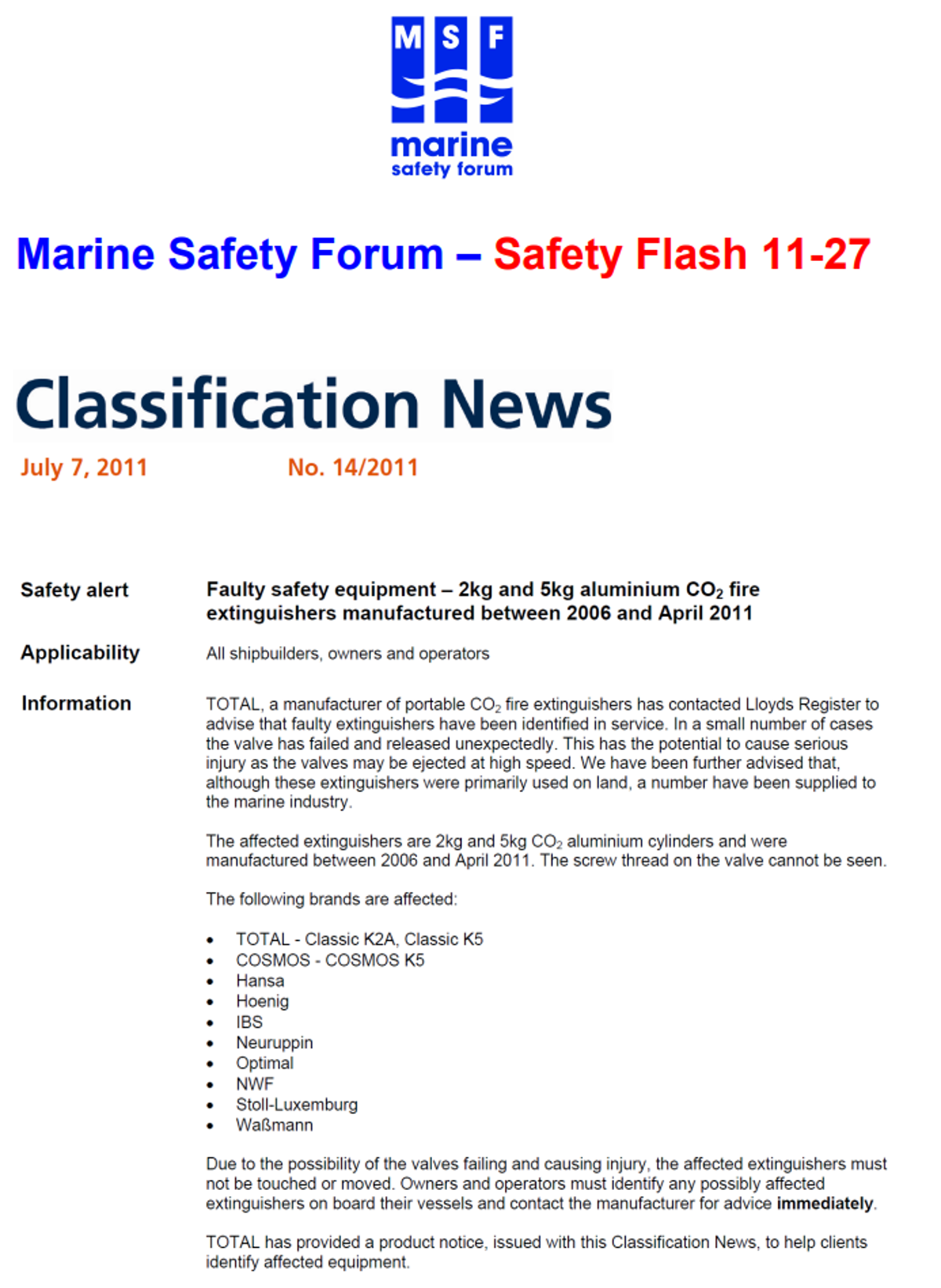 MSF Safety Flash 11-27 page 1