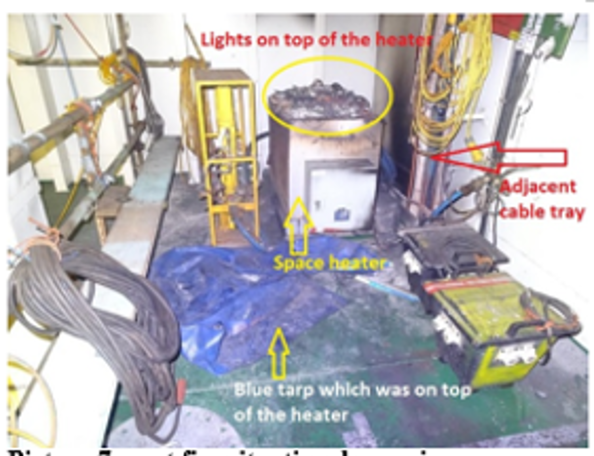 IMCA SF 15/19: Space heater caught fire 52 The three portable lights, tarpaulin and some adjacent electrical cables all caught fire