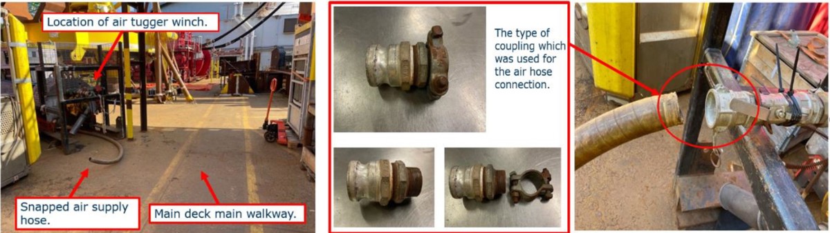 Block image explaining what happened An air supply hose on an air-driven tugger winch snapped out under pressure from the cam lock adapter. A main deck air-driven tugger winch supplied through a 5cm air hose with a nominal pressure of 8 bar was connected by a cam lock coupling to the winch. This arrangement had been in place for several months. Shortly after using the winch the supply hose ejected from the cam lock adapter.