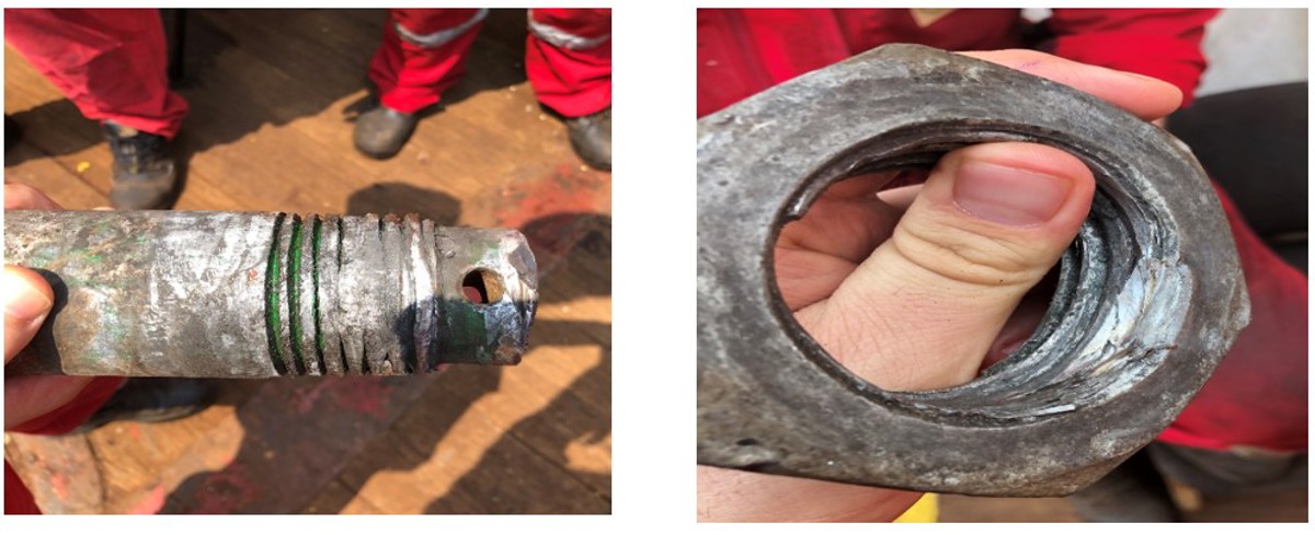 Pictures of damaged shackle nut and pin – shackle nut located STB side of winch near walkway and shackle pin found at the back of the winch. (Clear indication the shackle was side loaded)