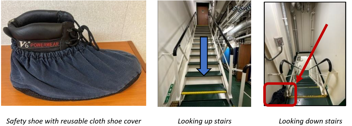 A person was making their way down a vessel staircase, wearing coveralls and safety boots with company approved  shoe covers on. While descending the stairs, the person slipped down approximately four steps on the staircase.  The person had a firm grip hand on the handrail at the time of the incident and thereby, further slippage was  prevented. The strain of preventing a worse fall caused muscular pain on the left side of the person’s torso and  their left shoulder.