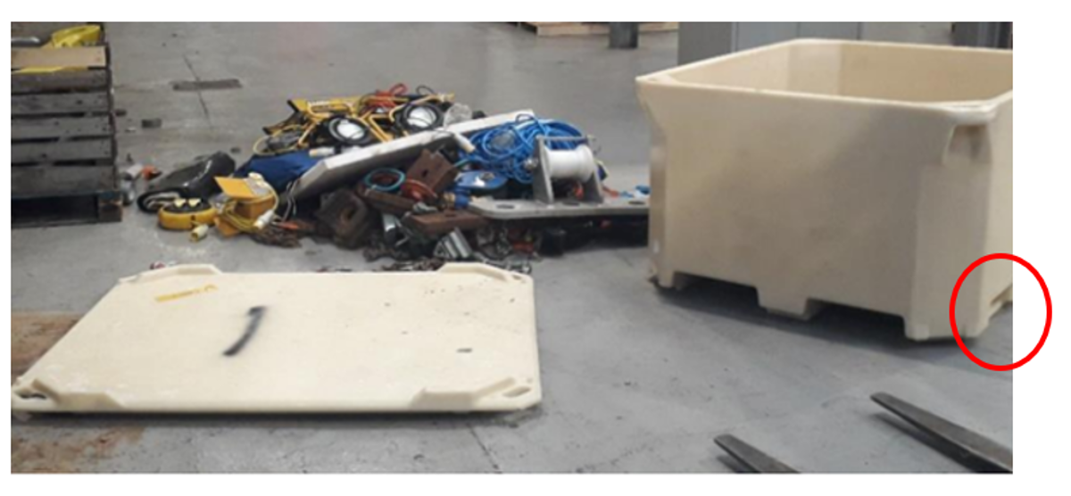 The incident occurred when storage boxes containing items of equipment located on an intermediate floor at a supply base were being lifted from the level using a forklift truck