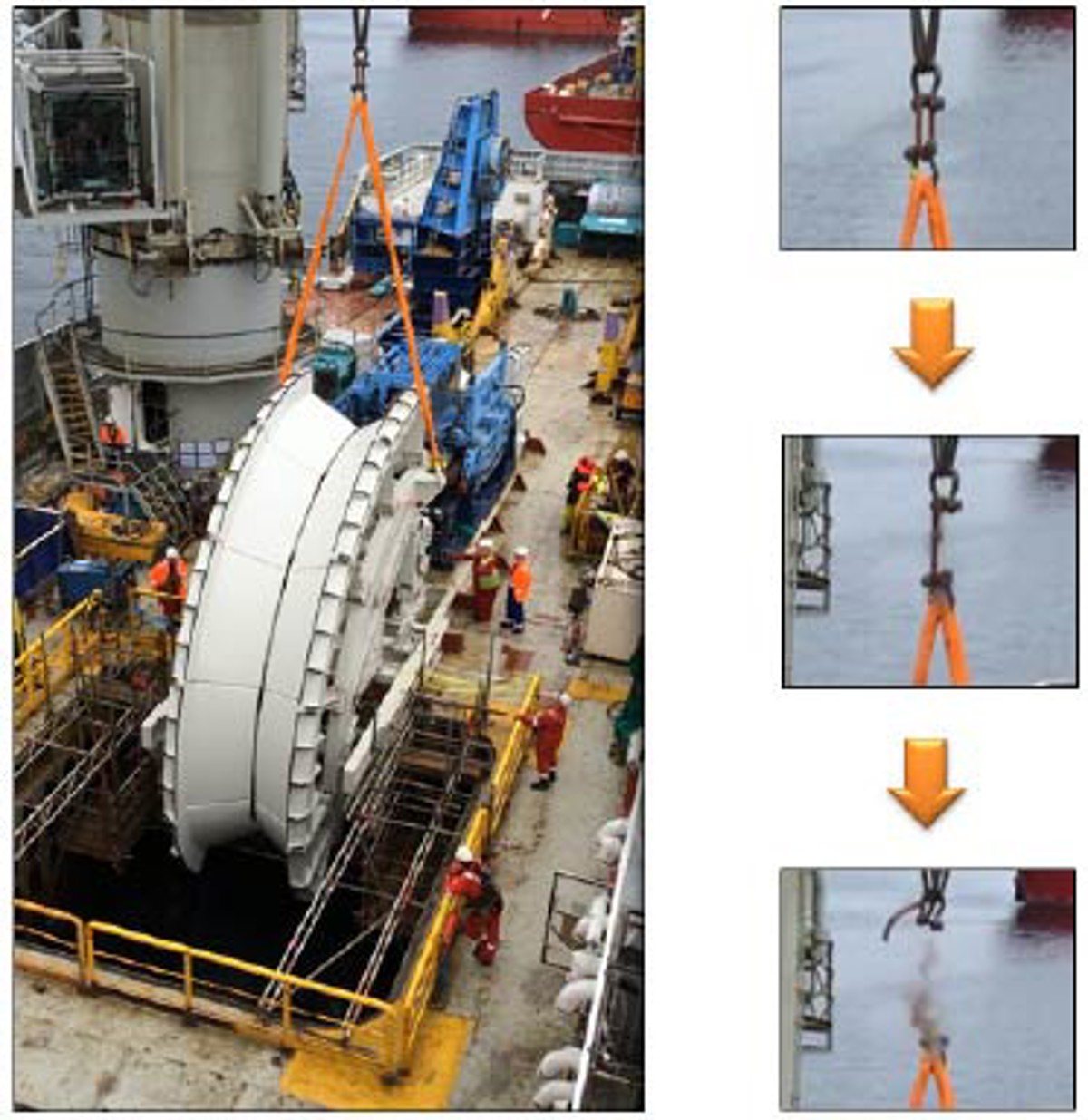 IMCA SF Master link failure during testing of overboarding chute 1 Overboarding chute (L) and failure of master link (R)