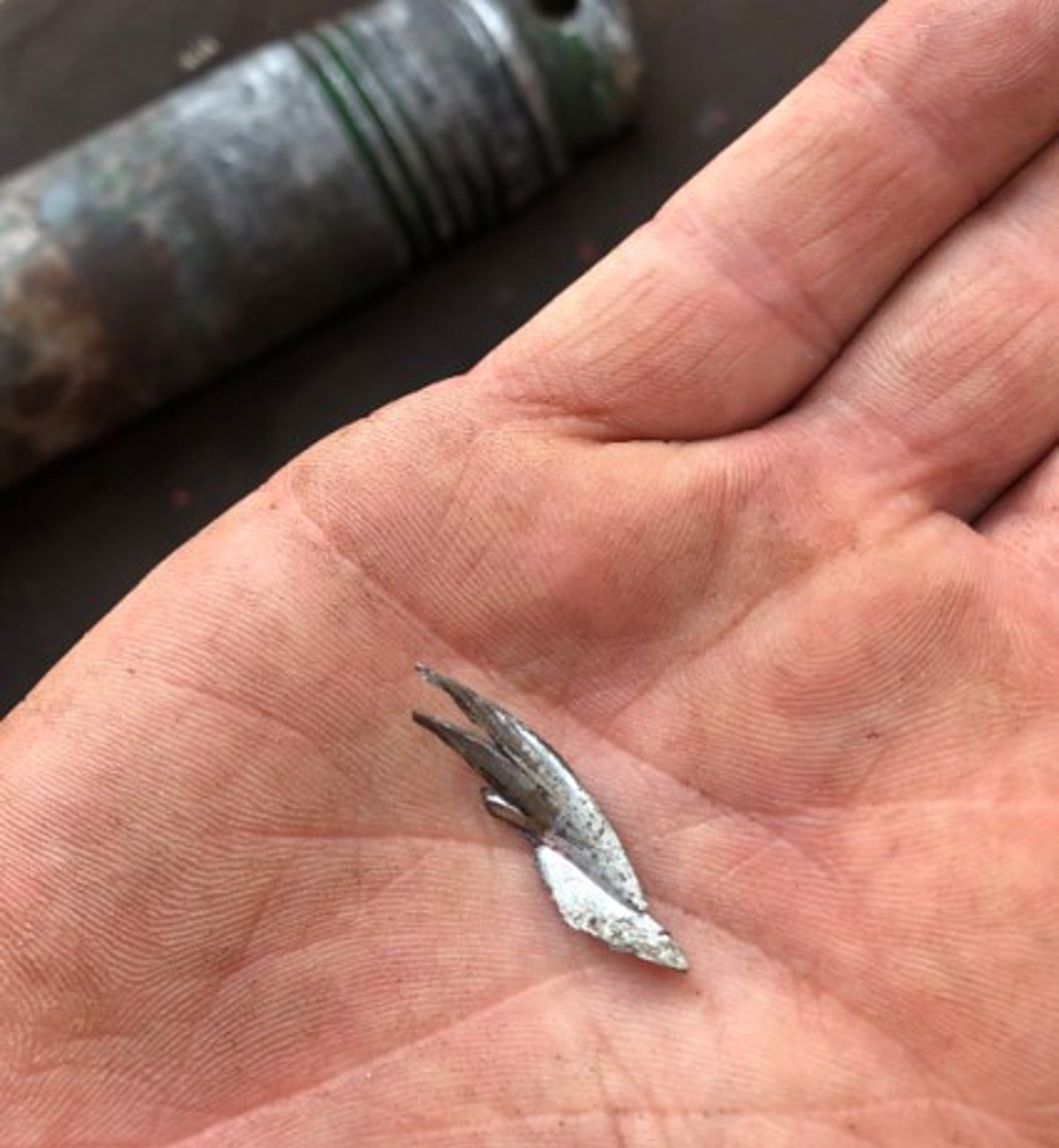 Sheared piece of metal from shackle pin – found close to the winch where the beam was damaged