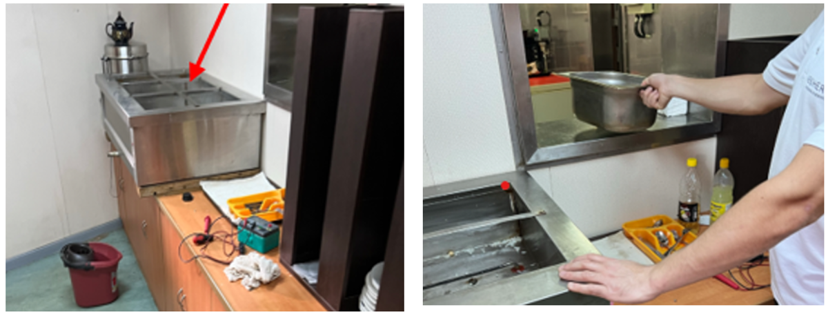 Bain-marie in galley; position of cook's hands when shock received