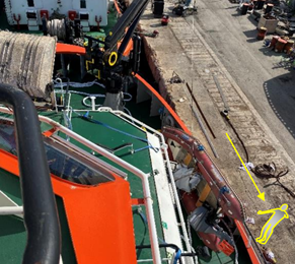 Final position of rescue boat after the swing and approximate landing position of the injured person