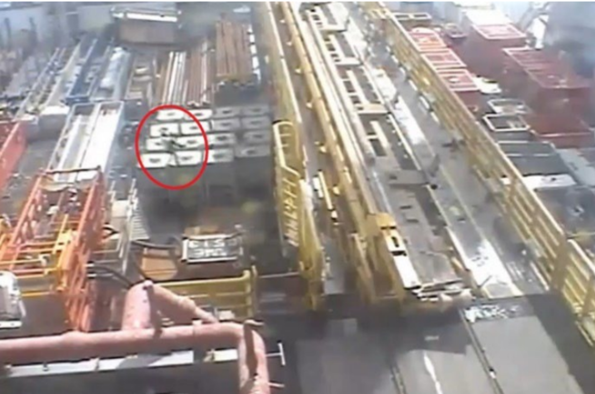 Figure 2: Worker lifted with load after becoming entangled December 2022: After backloading a bundle of pipe onto a vessel, a deckhand attached the taglines to the crane  hook to send up to the platform. When the taglines were lifted, he became entangled in the lines and was lifted approximately 1m above the deck onto a bundle of pipe where he was able to free himself without injury. A  safety stand-down was conducted, and the importance of tagline safety was reinforced to the crew