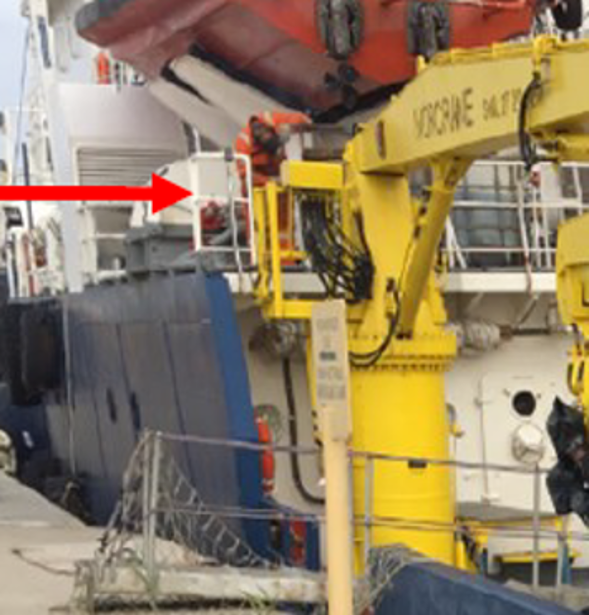 During a crew change handover walk around the vessel hull, the Master observed a welder working close to the open/unsecured edge of a PS davit area