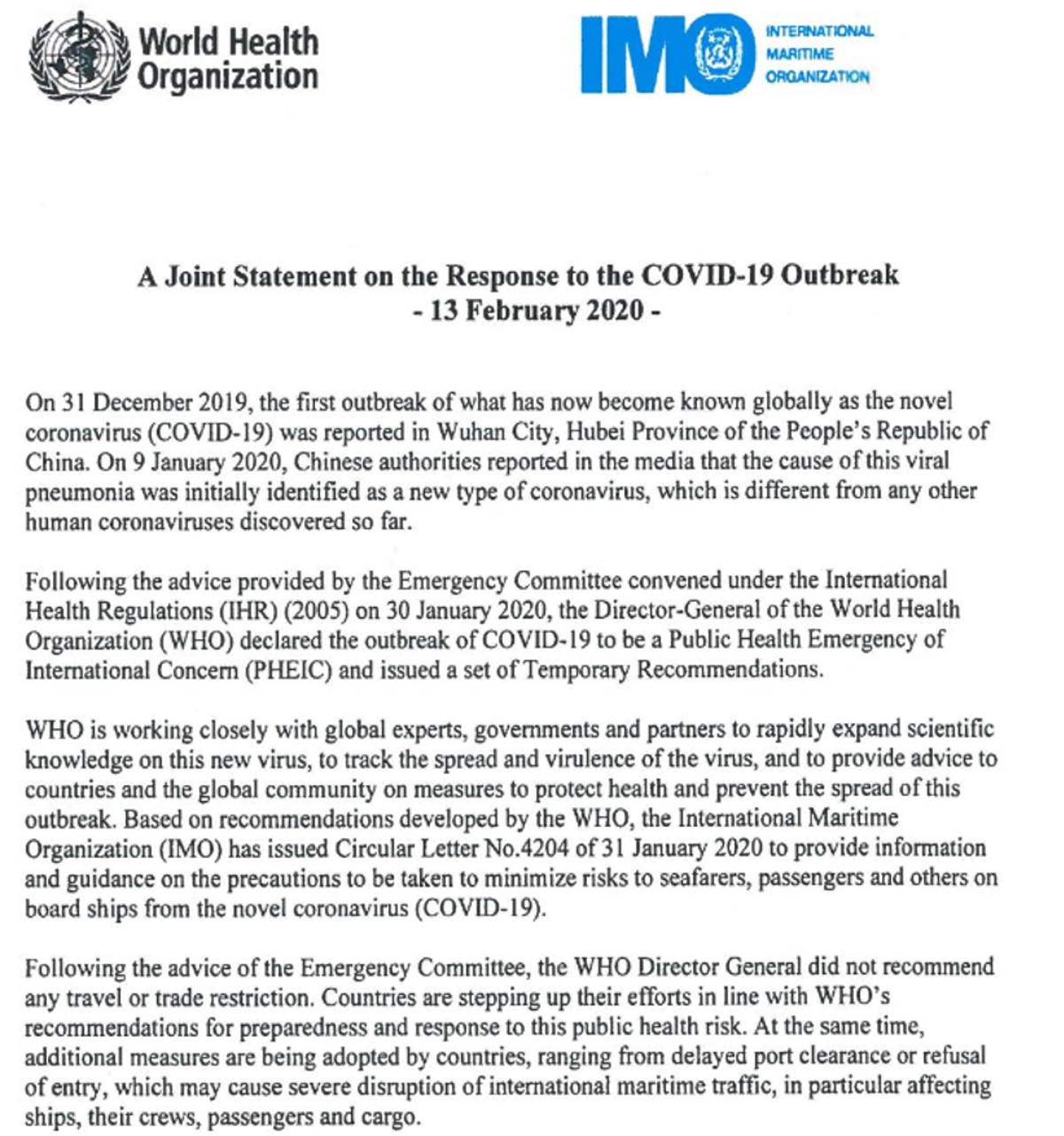 IMCA SF 08/20 Joint statement IMO-WHO on the response to the COVID-19 outbreak