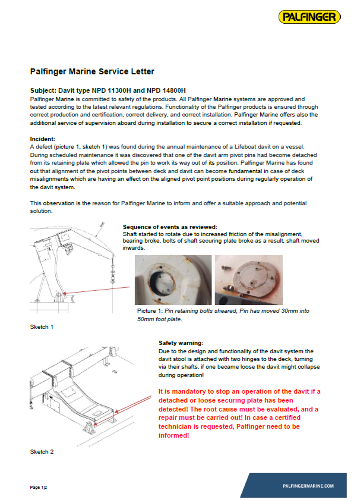 IMCA SF Service letter from Palfinger Marine relating to Davit types NPD 11300H and NPD 14800H Palfinger 1 Of 2 Palfinger Marine Service Letter