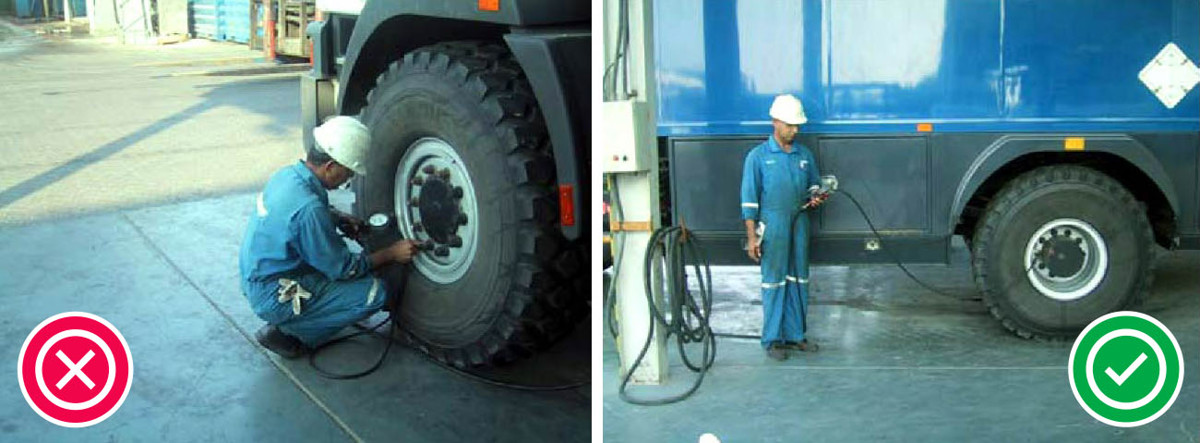 Illustration of safe way to inflate truck tyres