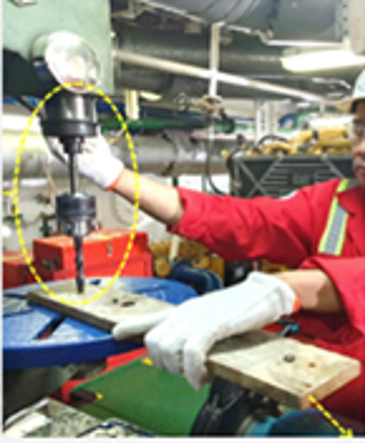 A crewman was drilling a hole through a wooden plank using a benchtop heavy drill machine in the vessel’s engine  room. The drill chuck assembly detached and hit the right side of his forehead resulting in a laceration above his  right eyebrow.