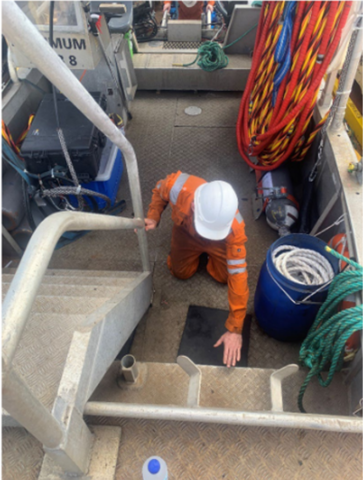 A person was kneeling down in a workboat and was injured when the boat moved suddenly as a result of the sea  state. The boat (a small workboat used in diving operations) pitched forward and hit a Catenary Anchor Leg Mooring Buoy. The injured person  automatically braced himself by placing a hand on the internal structure of  the boat, however the impact on his arm resulted in him getting a  dislocated shoulder.