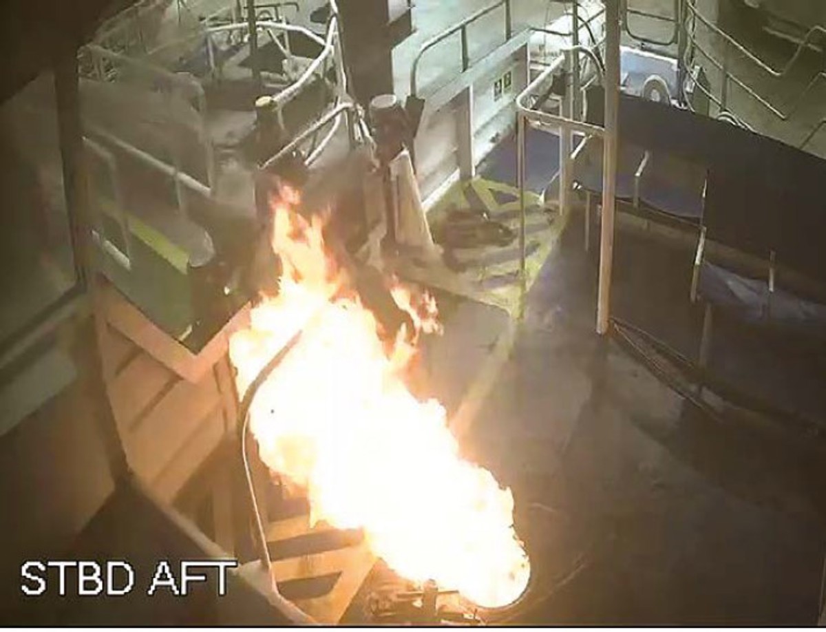 Flames coming from engine room after re-ignition of fire