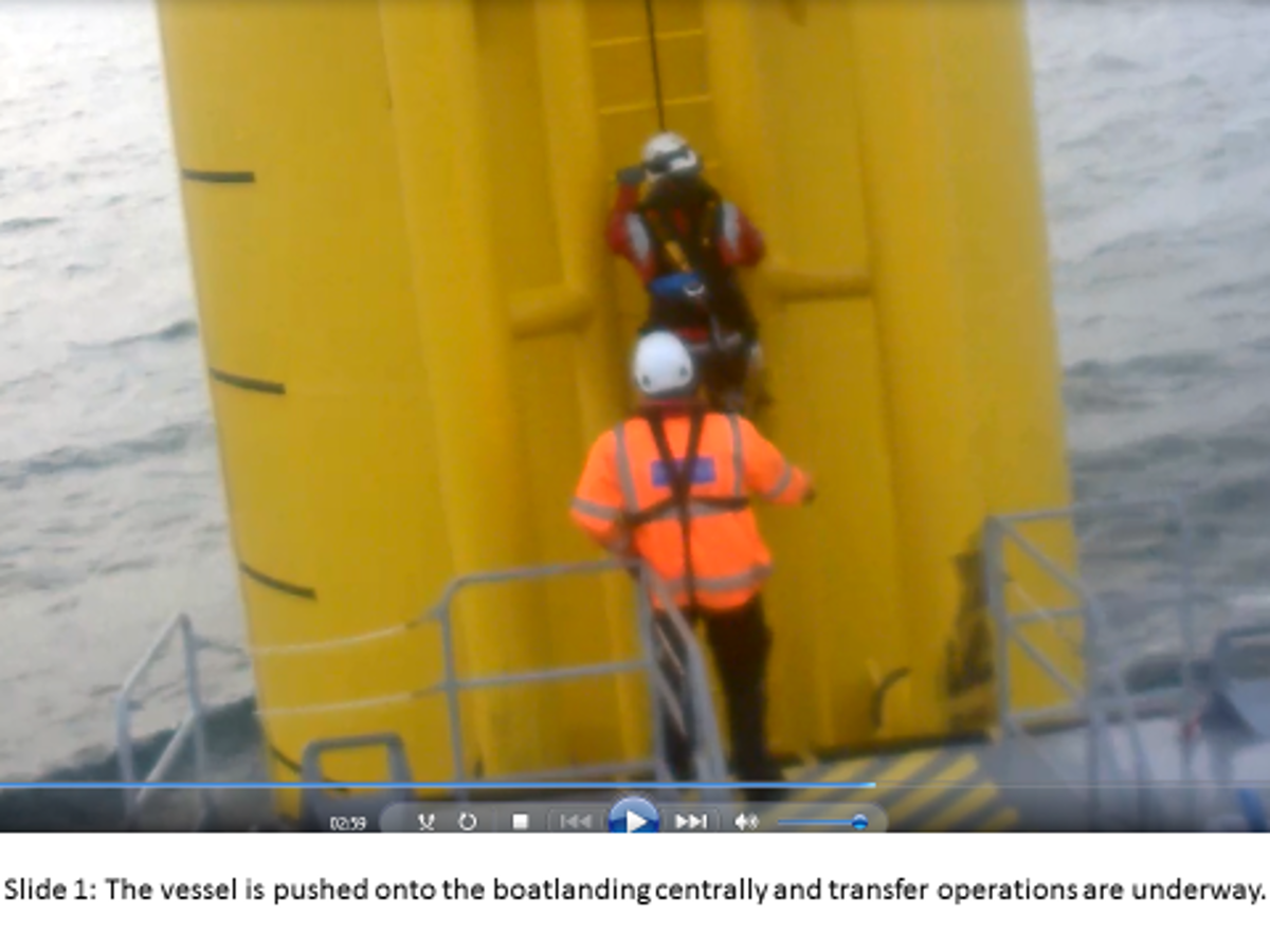 The vessel is pushed onto the boat landing centrally and transfer operations are underway
