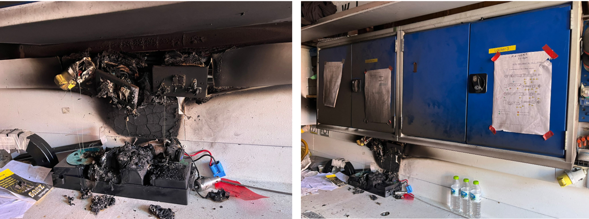 rechargeable headset flashlight caused fire in ROV workshop after being left unsupervised, also on UPS supply