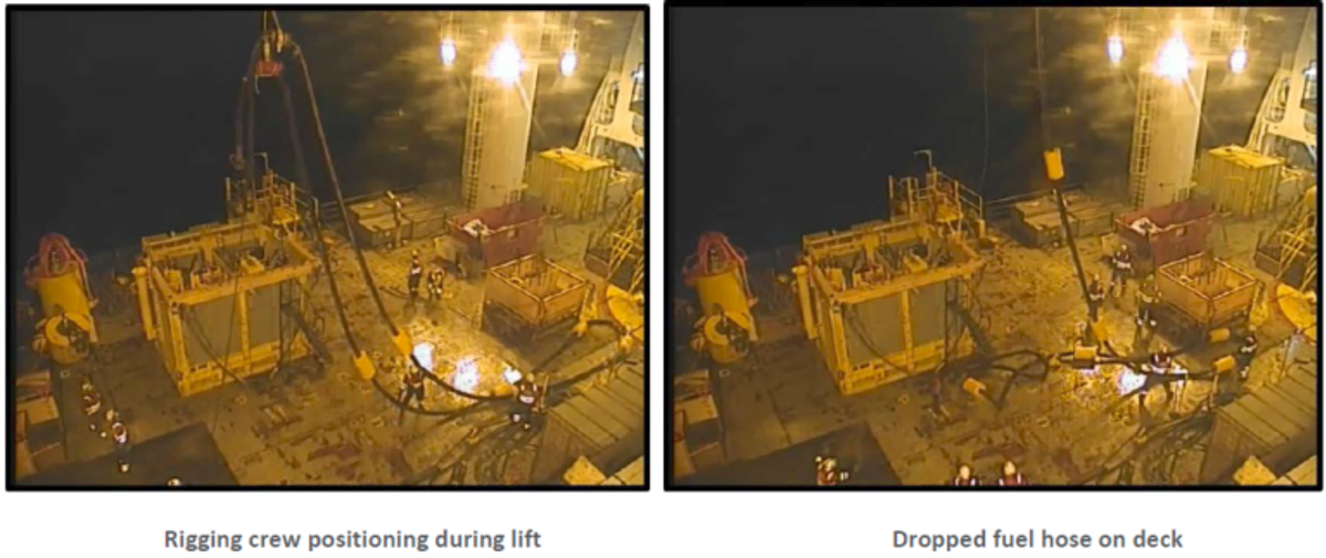 IMCA SF: Bunkering hose dropped to deck – incorrect lifting procedure 768X323 In preparation for fuel bunkering operations the vessel rigging crew lifted the hose using the pre-installed hose saddles and lifting slings that were attached.
