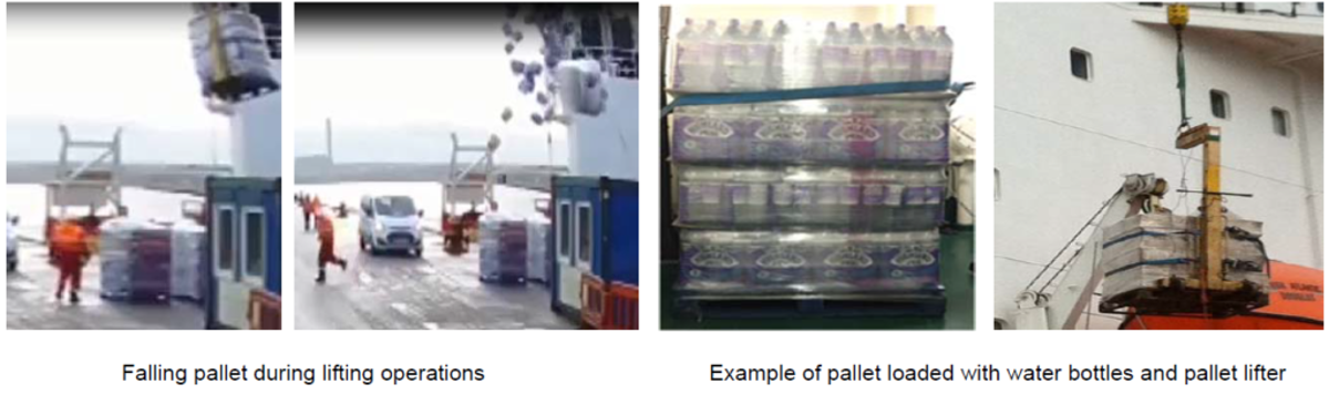 IMCA SF 17/19: Dropped load (bottled water) during lifting operations 66 1024X305 during a routine lifting operation, a pallet laden with about 1 tonne of bottled water, slid off the pallet lifting forks and fell around 8 metres to the quayside area below