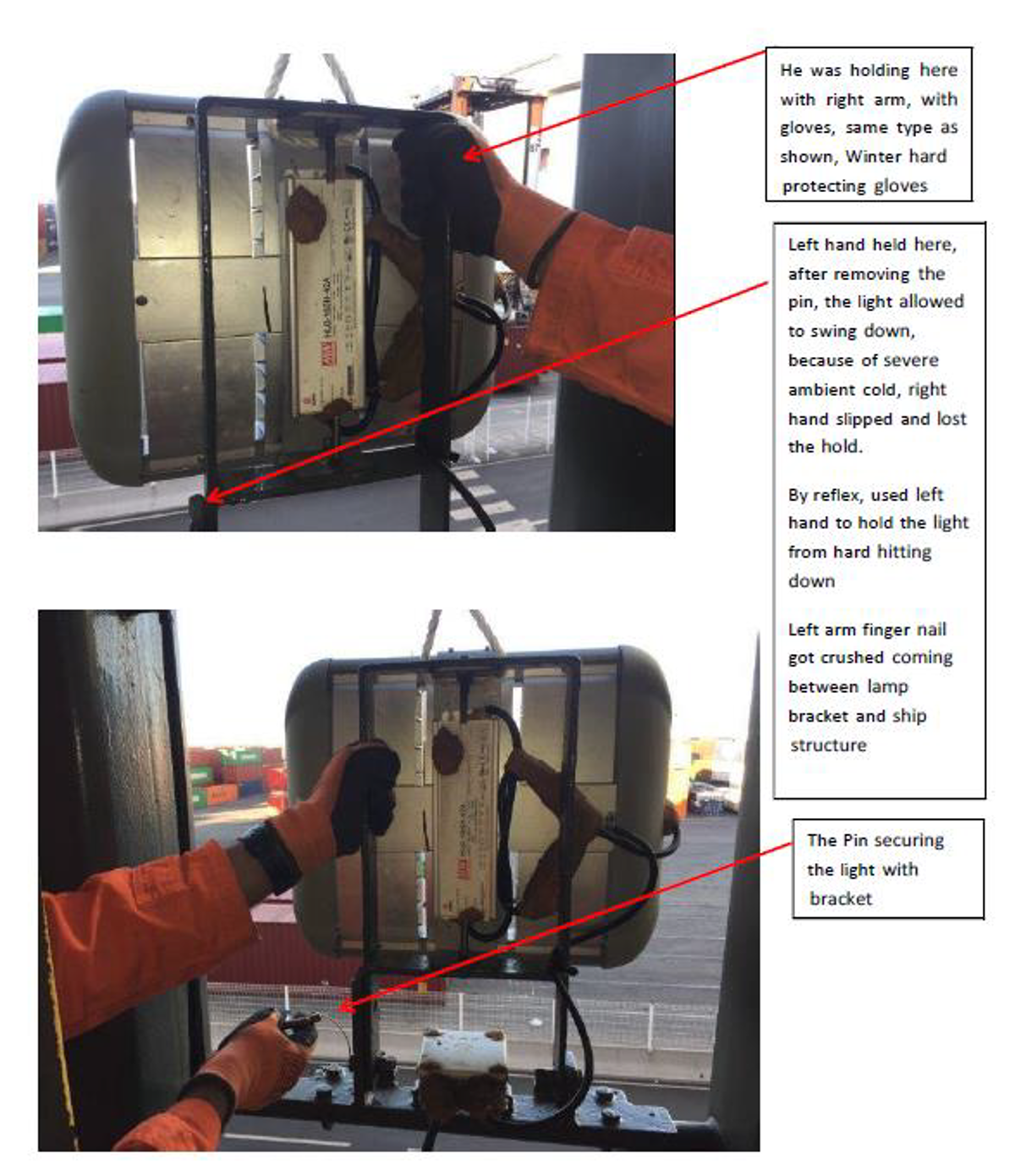 IMCA SF: LTI: Finger injury during pilot ladder preparation 16172 Ordinary Seaman dropped the light bracket, injuring his little finger