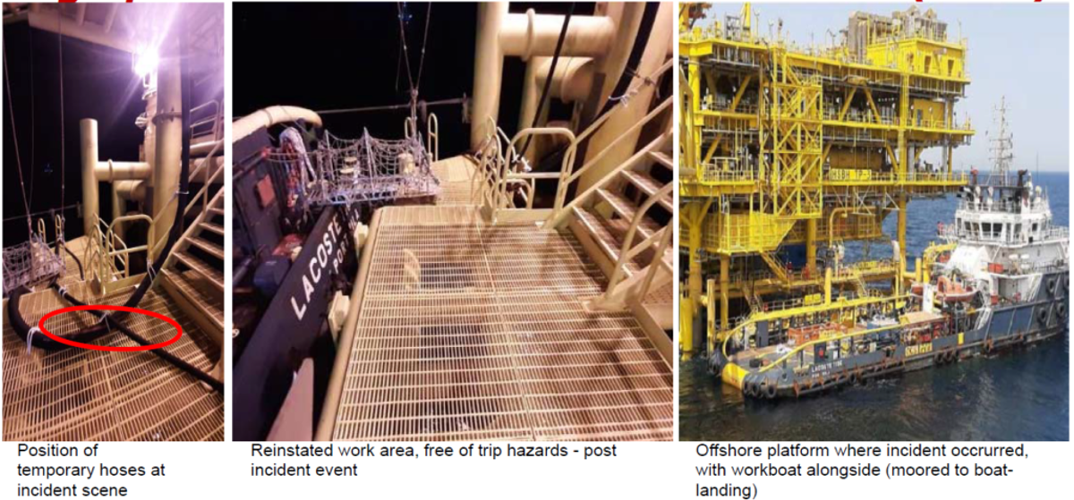 Whilst descending stairs to a boat-landing area on an offshore platform, a sub-contracted employee of one of our members tripped on a 2-inch discharge hose that had been laid across the base of a stairway. 