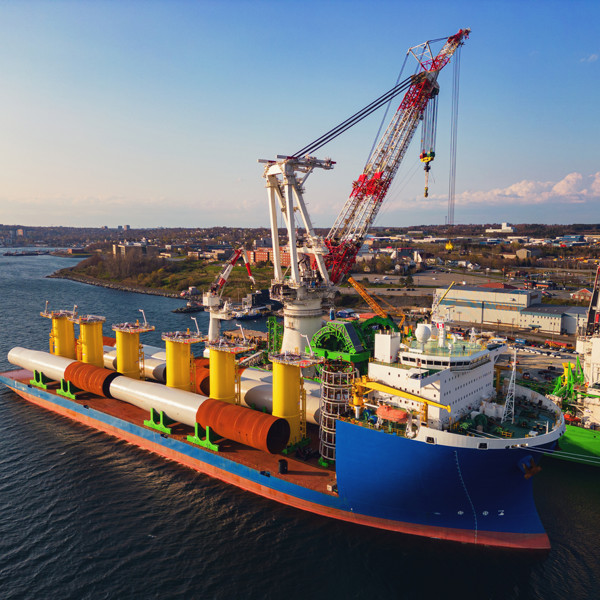 Aerial view of heavy lift vessels used in the installation of offshore wind farm projects.