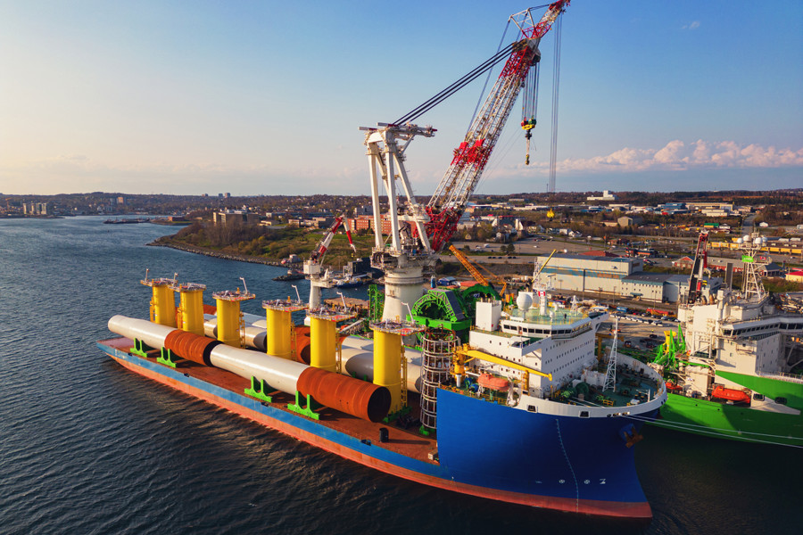 Aerial view of heavy lift vessels used in the installation of offshore wind farm projects.