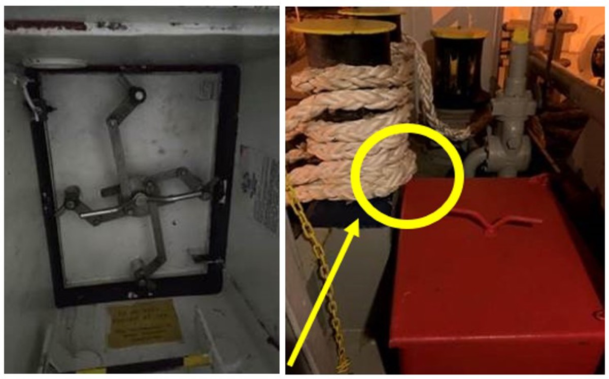 Only a centimetre – an emergency exit hatch blocked by mooring ropes
